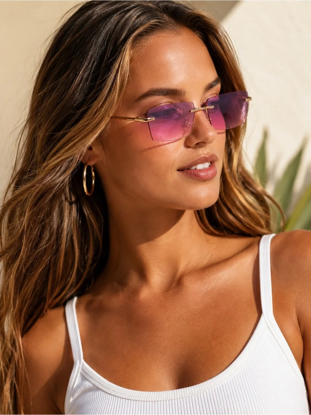 Pink & Purple Ombré Rectangular Sunglasses with Gold Tone Frame
